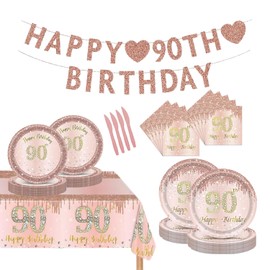 DWEARTY 90th Birthday Decorations for Women - Serve 16 - Happy 90th Birthday Banner, Tablecloth, Tableware, Plates and Napkins - Rose Gold 90 year old Party Supplies Decorations