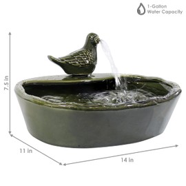 Sunnydaze Ceramic Solar-Powered Water Fountain - Green Glaze - Low-Voltage Submersible Pump with Filter - Dove