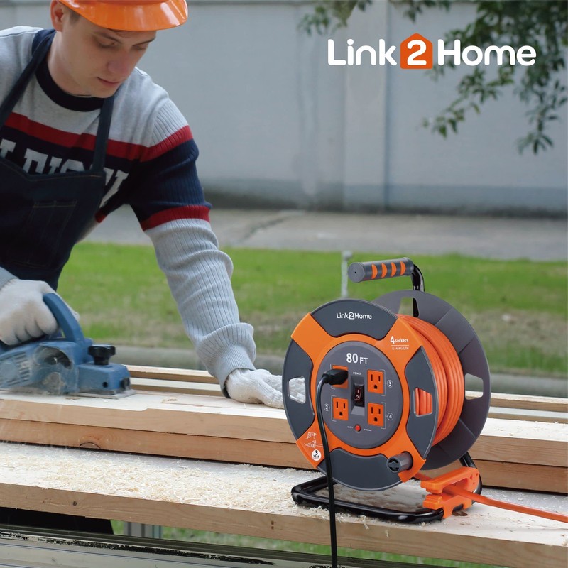 Link2Home Cord Reel 80 ft. Extension Cord 4 Power Outlets