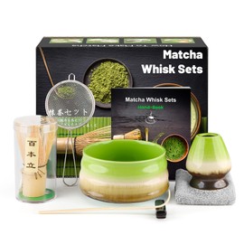 kurkip 7 Pieces Japanese Matcha Ceremony Kit, Natural Bamboo Matcha Beater, Matcha Bowl, Bamboo Scoop, Strainer, Tea Towel, Whisk Holder, Complete Matcha Set, Green