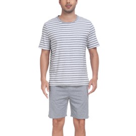 Sopesil Men's Short Set Pyjamas Short Sleeve Cotton Contrast Stripes with Pockets Sleepwear Soft Cosy Lounge Wear for Men S-XXL, lightgrey, L
