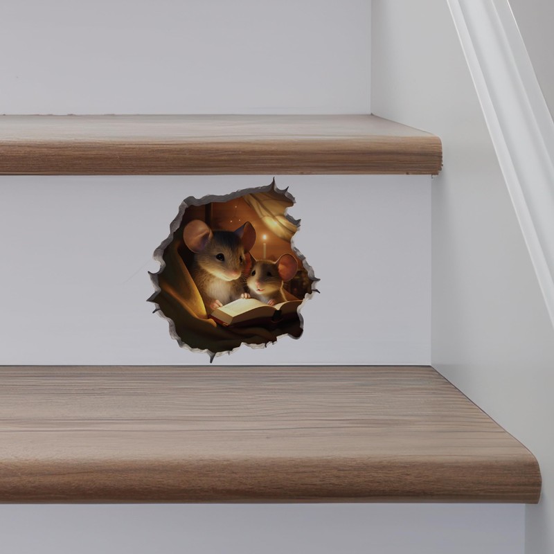 Parent and Child Mice Reading in Mouse Hole Decal -