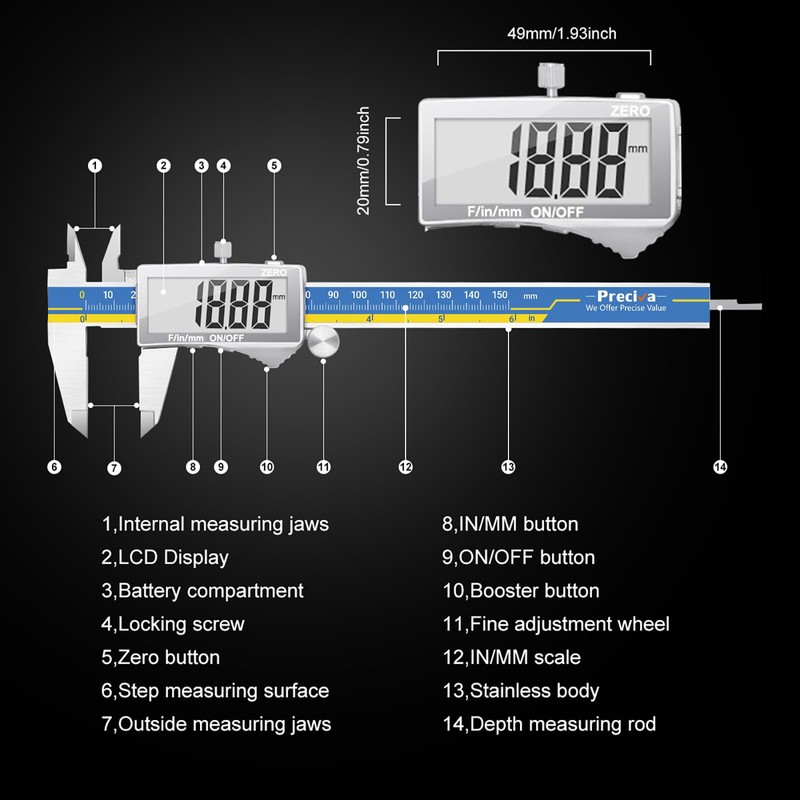 Digital Caliper, Preciva Electronic Stainless Steel Caliper Measuring Tool Vernier