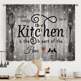 Riyidecor Grey Gray Rustic Kitchen Curtains Short Small Farm Country Modern Farmhouse Rod Pocket Fork and Spoon Kitchenware Bedroom Living Room Treatment Fabric 2 Panels 26Wx36H Inch