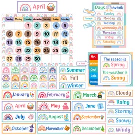 Classroom Calendar Set Bulletin Board Boho Rainbow Calendar Bulletin Board Set for Classroom Home Wall Decoration with Hook and Loop Stickers