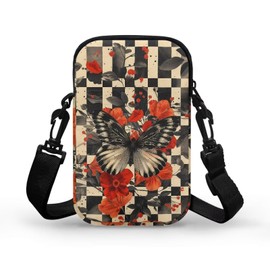 TSOVTHRID Men's 2 Layer Black Gray Butterfly Red Poppy Plaid Cross Body Bag, Zipper Messenger Bags Travel Passport Wallet Sling Bag