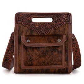 Trinity Ranch Hair-On Cowhide Crossbody Bags for Women Floral Tooled Handbags Western Top Handle Antique Silver Embellishments Cross Body Purse TR173G-A9360BR