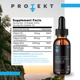 PROTEKT Resilient Vitamin D3 K2 B12 Drops - Liquid B12 K2 D3 Vitamin Supplement with Methylfolate, Liquid Drops for Energy & Recovery, Methy Folate for Sleep & Mood - Natural Berry 30mL