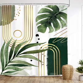 Glawry Green Gold Boho Mid Century Shower Curtain Abstract Tropical Plant Minimalist Modern Geometric Palm Leaf Arch Bathroom Simple 72Wx72L Inches Bath Accessories Art Home Decor Fabric 12 Pack Hooks
