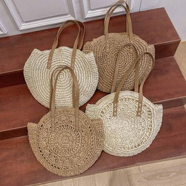 SHTGOI Women's Round Straw Bag, Vintage Handmade Shoulder Bag, Large Capacity Beach Bag, Bohemian Shoulder Bag, Basket Bag with Zip, Braided Bag for Travel, Holiday, Black