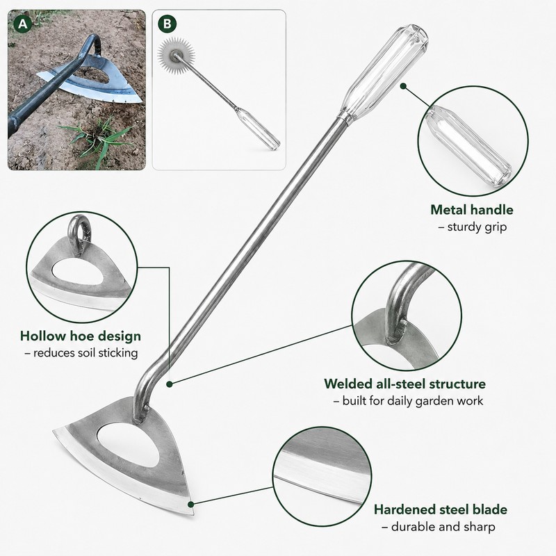 Handheld Hollow Hoe for Weeding & Digging – Steel Garden