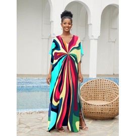 IMAGEKOPE Moroccan Print V-Neck Batwing Kaftan Women's Plus Size Loose Fit Beach Dress Bathing Suit Cover Up Loungewear