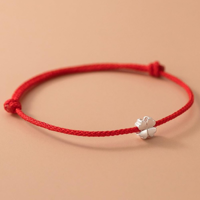 [Richight] Silver Good Luck 4 Leaf Clover Red String Amulet
