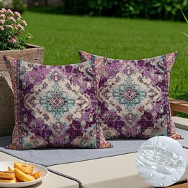 Vorysum Set of 2 Outdoor Cushions Weatherproof 45 x 45 cm Purple Boho Decorative Cushion Summer Cushion Covers Vintage Cushion Cover Sofa Cushion for Living Room Bedroom Garden Decorative