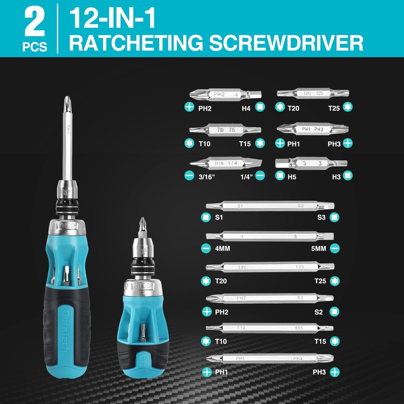 DURATECH 2PCs Ratcheting Screwdriver Set, 12-in-1 Multi-bit Standard/Stubby Screw Driver