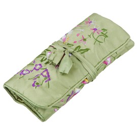 KYEYGWO Embroidery Travel Jewellery Roll with Flowers and Bird Embroidery, Chinese Jewellery Organiser, Portable Roll Bag, Jewellery Bag for Necklaces, Ring, Bracelet Storage, Green