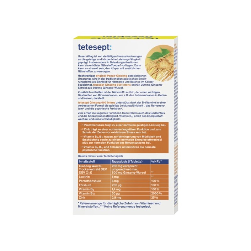 테테셉트 tetesept 진생 600 + B-콤플렉스 + 아연 30정 15.99g