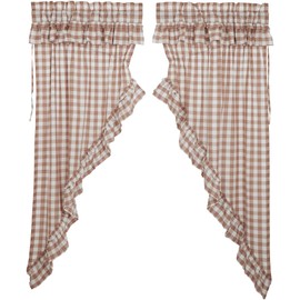 VHC Brands Annie Buffalo Portabella Check Farmhouse Ruffled Prairie Short Panel Curtain Set 63x36x18