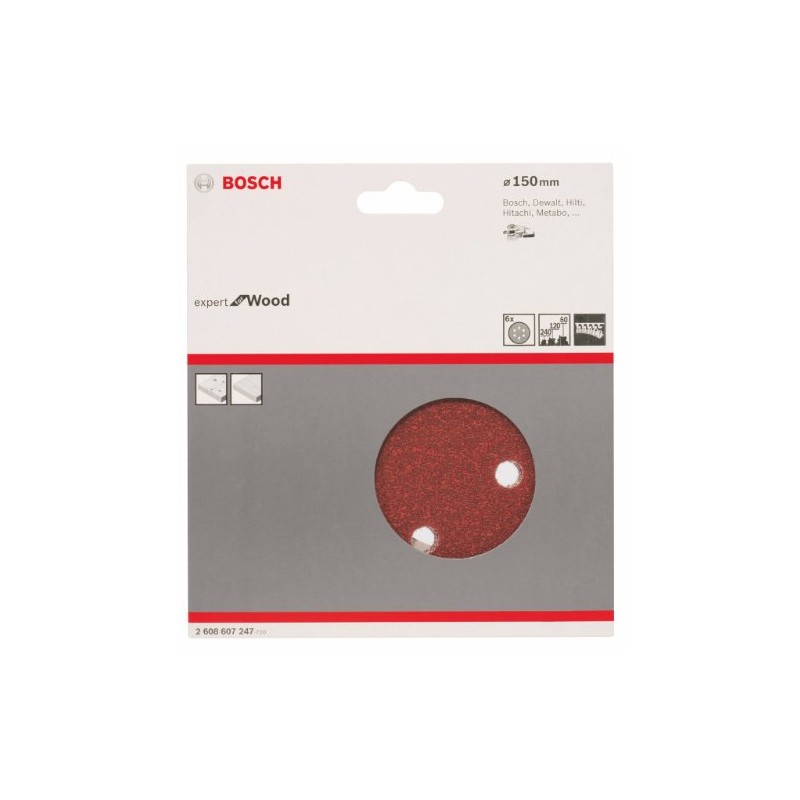 Bosch 2608607247 Sanding Discs, Wood Velcro, 6 Hole, 150mm Ø,