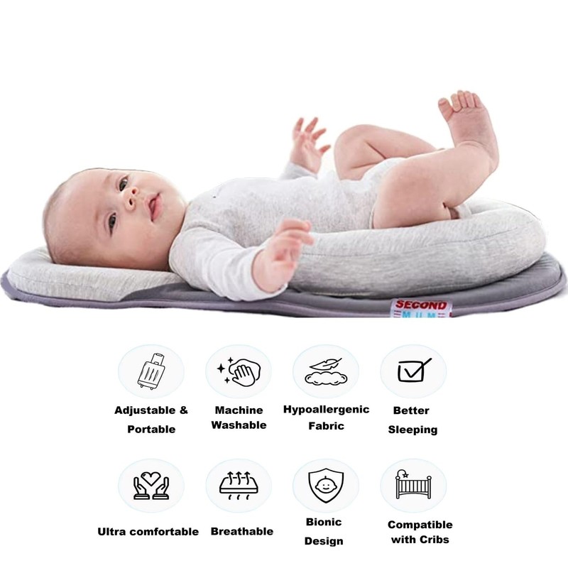SECOND MUM Ultra Soft Baby Pillow Portable Adjustable Anti-Roll 3D