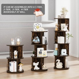 VECELO Rotating Bookshelf Tower, 360°Revolving Bookcase, Modern Tall Book Shelf Storage Display Rack Floor Standing, 4 Tier Storage Rack for Kids&Adults Solid Wood, Brown