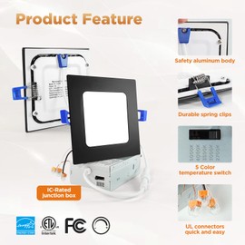 4 Inch Square Led Recessed Ceiling Light Black with Junction Box,Dimmable Ceiling Light Selectable 2700K-5000K,Square Recessed Led Lighting for Shower,Square Recessed Lighting(4 Pack)