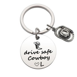 Eilygen Drive Safe Cowboy Keychain 26 Letters Keychain Gifts for Boyfriend Husband Western Gift Gift for New Driver (Drive Safe Cowboy L)