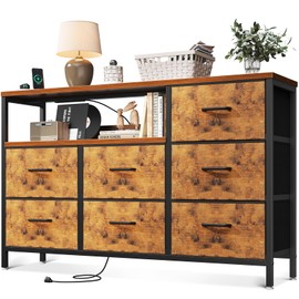 AODK Dresser with Charging Station, 52-Inch Long Dresser for Bedroom with 7 Large Fabric Drawers, Dresser TV Stand with Open Shelves for 55-Inch TV, Vintage and Vintage