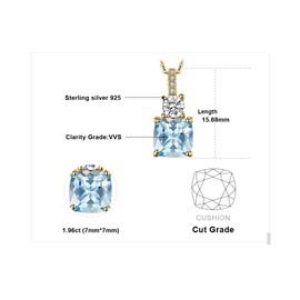 JewelryPalace 2.2ct Cushion Cut Genuine Sky Blue Topaz Pendant Necklace for Women, 14k Yellow Gold Plated 925 Sterling Silver Necklace, Natural Gemstone Jewellery Sets 18 Inches Chain