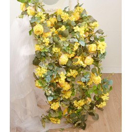PONKING Flower Garland, Artificial Rose & Hydrangea Vines, Hanging Fake Rose & Hydrangeas Vine for Room Anniversary Wedding Birthday Christmas Wall Arch Decor, 2 Pcs Floral Garland, Yellow Flower