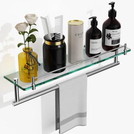 Glass Shelves for Bathroom with Towel Bar,20-Inch Chrome Polished Glass Shelf Bathroom Shelves with Towel Rack Modern Stainless Steel Tempered Glass Shelf with Towel Holder Wall Mount Accessories