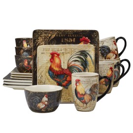 MISC Gilded Rooster 16-Piece Dinnerware Set Black Blue Red Ceramic 16 Piece Dishwasher Safe Microwave