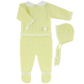 Dulce de Fresa 3-Piece Cable-Knit Baby Set with Pompons for Boys and Girls - Made in Spain (Yellow, 1M)