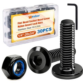 weideer 30pcs 1/4-20 x 3/4" Nuts and Bolts Kit, Stainless Steel 18-8 (304) Flat Head Hex Socket Cap Furniture Bolts,Nylon Insert Hex Lock Nuts with Hex Spanner