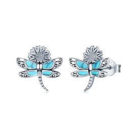 S925-Sterling-Silver Turquoise Dragonfly Sunflower Stud Earrings – Natural Charm and Fashionable Beauty Jewelry Unique Design Gifts for Women (dragonfly)