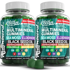 Clean Nutra Sea Moss Black Seed Oil Gummies with Ashwagandha, Elderberry, Burdock Root, Chlorella, Manuka Honey - Vegan Gummy Vitamins for Women Men:_2 Bottles