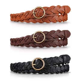 SATINIOR 3 Pcs Women's Braided Leather Belt Skinny Woven Braided O Ring Buckle Leather Belt for Dress Jean Skirt Pant(Black, Brown, Light Brown)