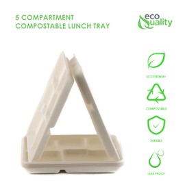 5-Compartment Sugarcane Fiber Disposable Tray - 100% Compostable American Tray, Serving Tray, Cafeteria Tray, Biodegradable, EcoFriendly, Tree Free by EcoQuality (10x8.3x0.9 inch) (100)