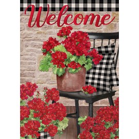 Dyrenson Welcome Spring Geranium Red Flower Decorative Garden Flag, Black White Buffalo Plaid Floral Pot Chair House Yard Outside Decorations, Summer Farmhouse Vintage Rustic Outdoor Small Decor 12x18