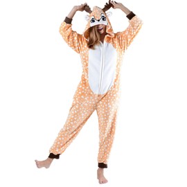 YELETE Plush Reindeer Animal Adult Jumpsuit Pajama Costume, L/XL