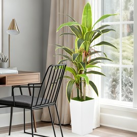 Aritificial Dracaena Tree 5FT with Realistic Trunks and 33 Leaves in Tall White Pot Faux Tropical Yucca Floor Plant for Home Office Decor Indoor Housewarming