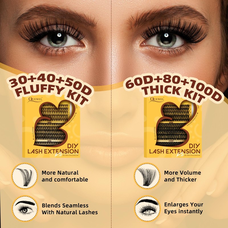 QUEWEL DIY-Lash-Extension-Kit, 3D-Lash-Clusters with 280PCS 30+40+50D EyeLashes Mixed 10-16mm Eyelash