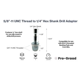 Pro-Graad DA4 5/8"-11 to 1/4" Hex Shank Drill Adapter - Converts Polisher Pad Backing Plates or Core Drill Bit with 5/8-11 Thread to 1/4" Hex Shaft - for Use with Drills and Drill Press (1 Pack)