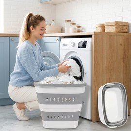 46L/12 Gal Collapsible Laundry Baskets, Foldable Hamper with Handles, Plastic Pop Up Storage Container for Laundry, Home, Dorm, Travel - Gray/White, Set of 2