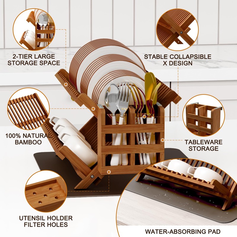 Greenual Teak Dish Drying Rack with Utensil Holder, 2 Tier