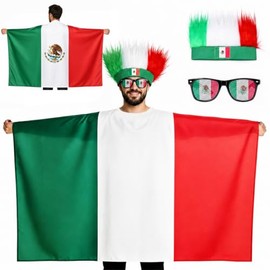 3 Piezas Kit de Apoyo para Fanáticos de México Copa Mundial FIFA 2026,Incluye 1 PCS Rebozo con Sombrero 90X150cm y 1 PCS Peluca Fanático México y 1 PC