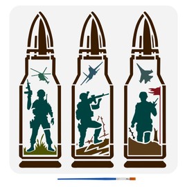 FINGERINSPIRE Bullets Soldiers Stencil 30x30cm Soldier Silhouette Template with Paint Brush Reusable Helicopter Fighter Jets Stencil Battlefields Tree Grass Template Military Theme Stencil