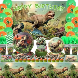 KEFAN Dinosaur Birthday Party Decorations, Dinosaur Birthday Party Supplies Packs including Backdrop, Plates, Napkins, Tablecloth, Tablewares, Balloons for Kids Party Decoration, Serves 20 (Backdrop)