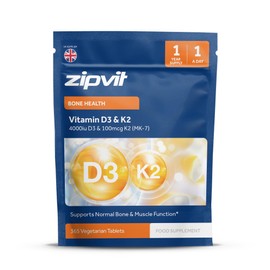 Zipvit Vitamin D3 4000 iu & Vitamin K2 MK7 100μg, 1 Year Supply, 365 Vegetarian Vitamin D3 K2 Tablets, High Strength Vitamin D Supplement, Supports Immune, Bone & Muscle Health, Eco-Friendly Pouch