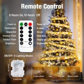 btfarm 12M 120LED Christmas Ribbon Fairy Lights with Remote, Christmas Tree Lights 8 Modes Waterproof Copper Wire Fairy Lights for Christmas Tree Decoration, Indoor, Bedroom,Yellow Ribbon Warm White
